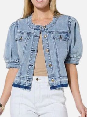 C. Wonder Light Blue Denim Puff Sleeve Cropped Jacket